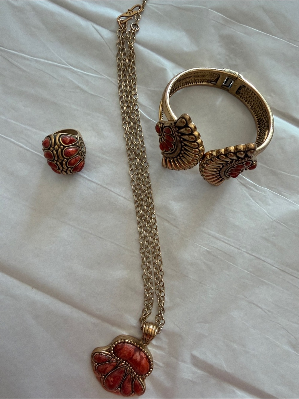 Barse Burnt Orange Pendant Necklace, Ring & Bracelet in Burning Orange & Gold